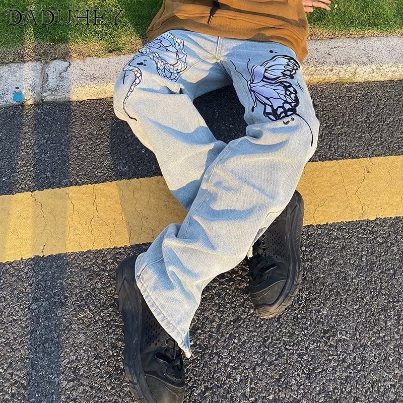DaDuHey American Street Retro Washed Butterfly Embroidered Jeans Men 'S And Women 'S High Street Fashion Brand Casual Pants