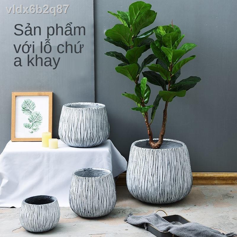 ◐Bắc Âu gió đặc biệt sợi thủy tinh gia cố xi măng nhựa chậu hoa màu xám tròn lớn sáng tạo gia dụng đồ trang trí củ cải x