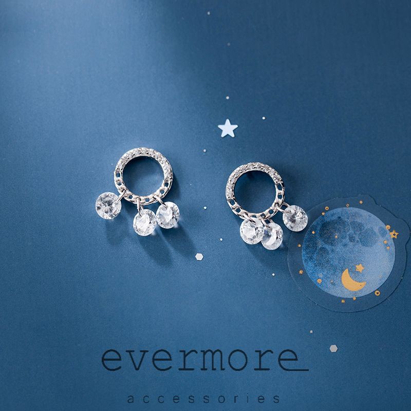 Bông tai bạc EVERMORE, khuyên tai thả đính đá lấp lánh bạc Ý 925, phong cách minimalist, thanh lịch, sang trọng - H029