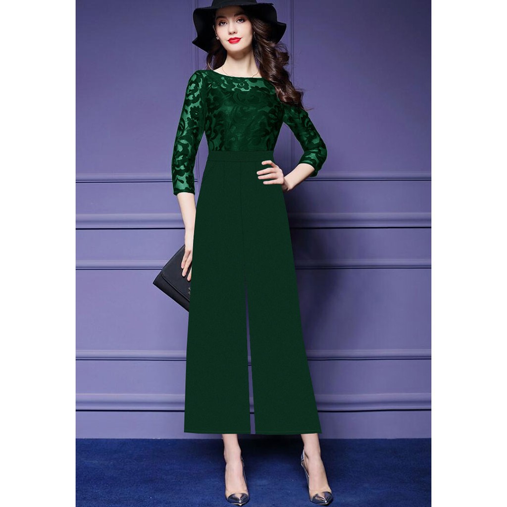 Jumpsuit nữ Dài Ống Suông Phối Ren Hoa 3D Xinh Xắn J956