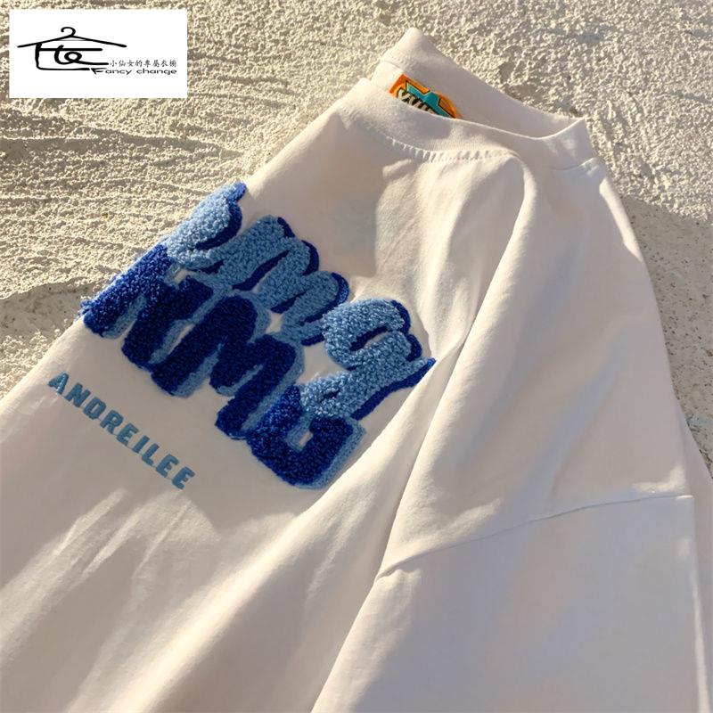 Áo Thun Cotton Ngắn Tay Thêu Chữ Phong Cách Đường Phố Mỹ