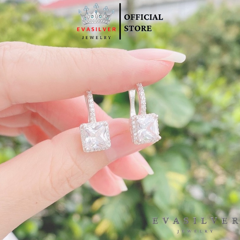 Bông tai bạc nữ hình vuông đính đá li to, Chất liệu bạc ta sang trọng - Trang sức bạc Evasilver