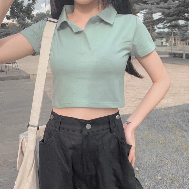 Áo CropTop PoLo Trơn Tay Ngắn