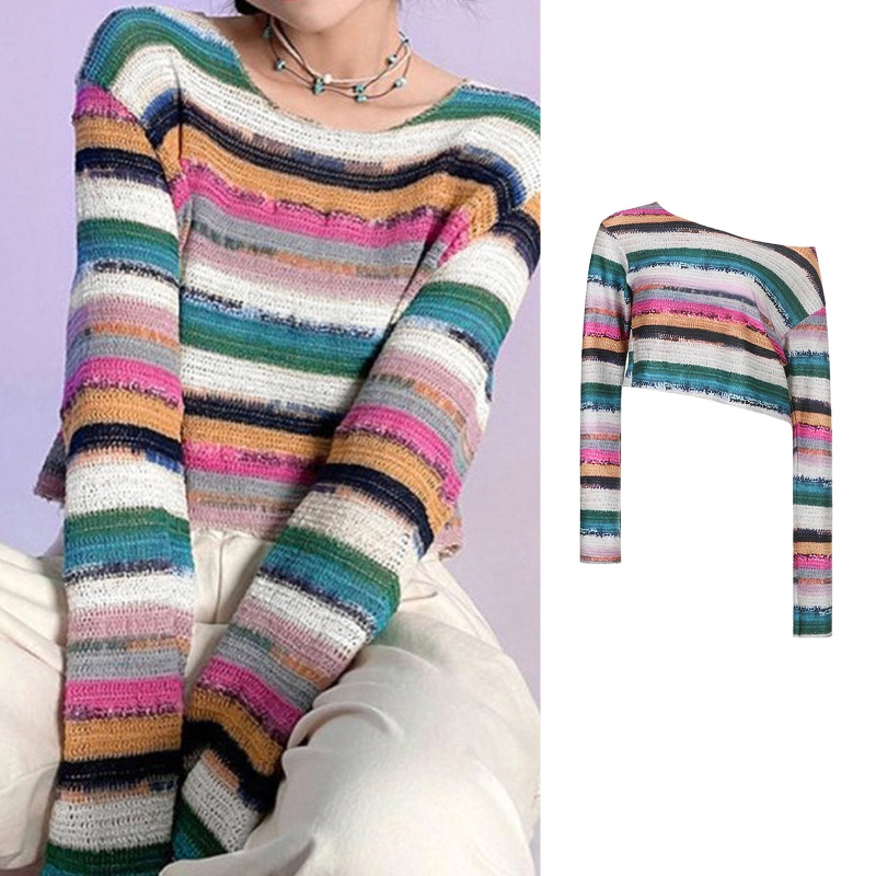 Áo Croptop Tay Dài Phối Vải Lưới Họa Tiết Kẻ Sọc Thời Trang Cho Nữ