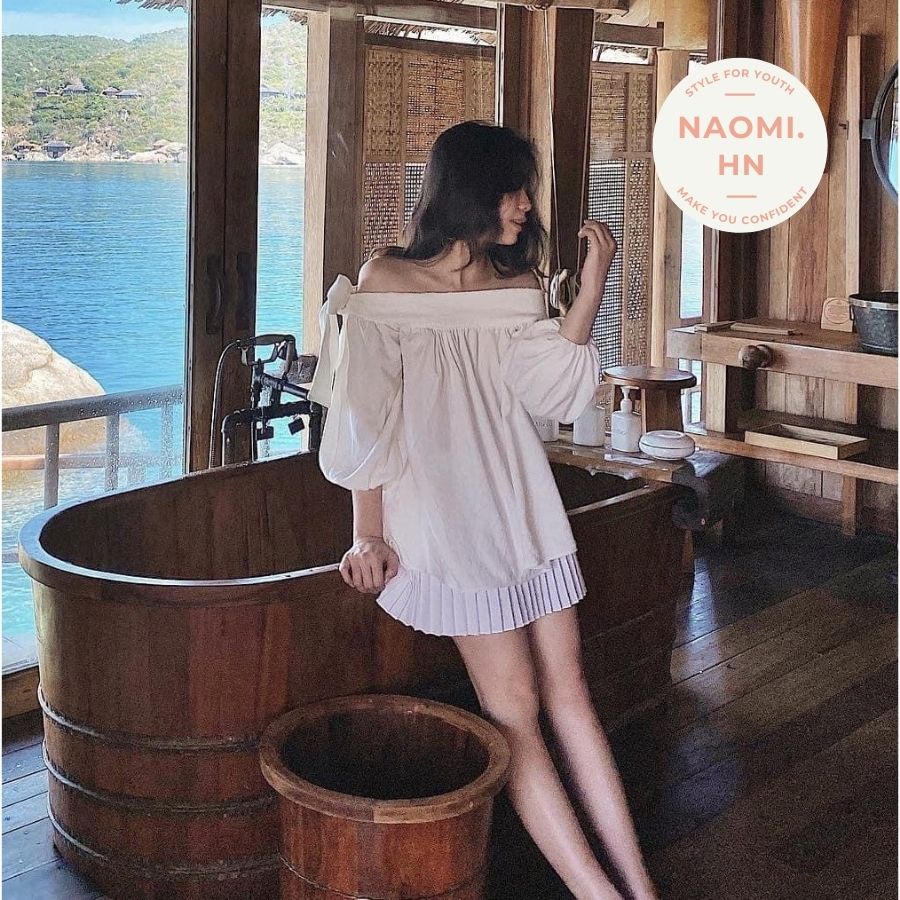 Áo trễ vai sang chảnh cho nàng dịu dàng phối buộc nơ vai. Áo kiểu nữ trễ vai chất đũi mát 3 màu HOTHIT.