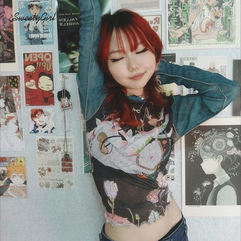 Áo Thun Tay Dài Cổ Tròn Ôm Eo In Họa Tiết Hoạt Hình Thời Trang 2022 Cho Nữ