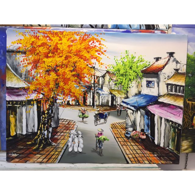 [CHUẨN TRANH HỌA SĨ VẼ]_TRANH SƠN DẦU PHỐ CỔ HÀ NỘI( 85X65cm)