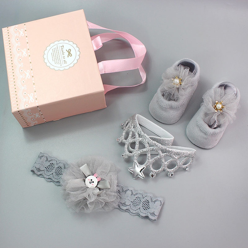 Set 3 Món Vớ Cotton Chống Trượt + Vớ Cotton Chống Trượt Đính Nơ Hoa + Băng Đô Cài Tóc Cho Bé Gái Sơ Sinh