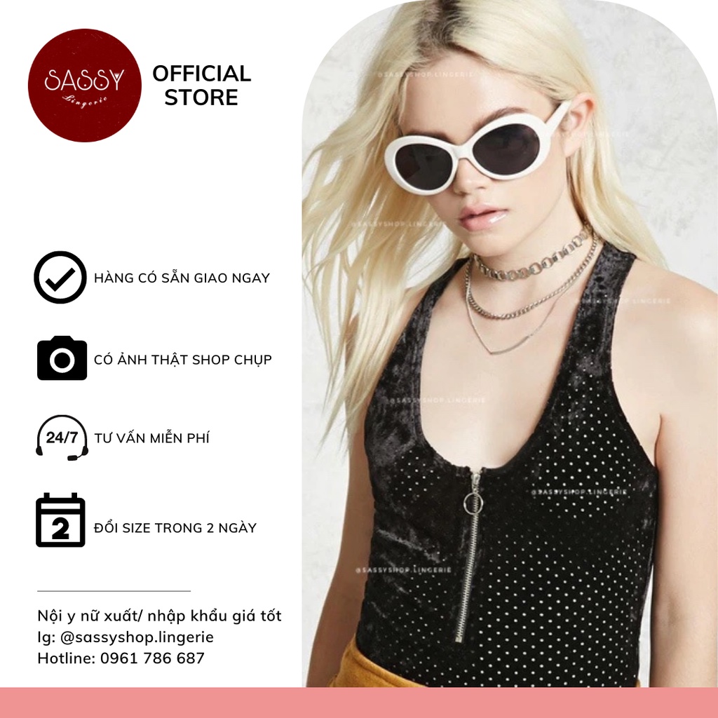 Bộ bodysuit nữ áo liền thân sát nách vải nhung đục lỗ dây kéo zip gợi cảm cho nữ FOREVER 21