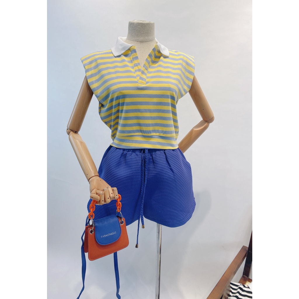Áo thun nữ độn vai dáng croptop độn vai có cổ Pearl màu đen, cam và vàng chất cotton 100% siêu mịn mát