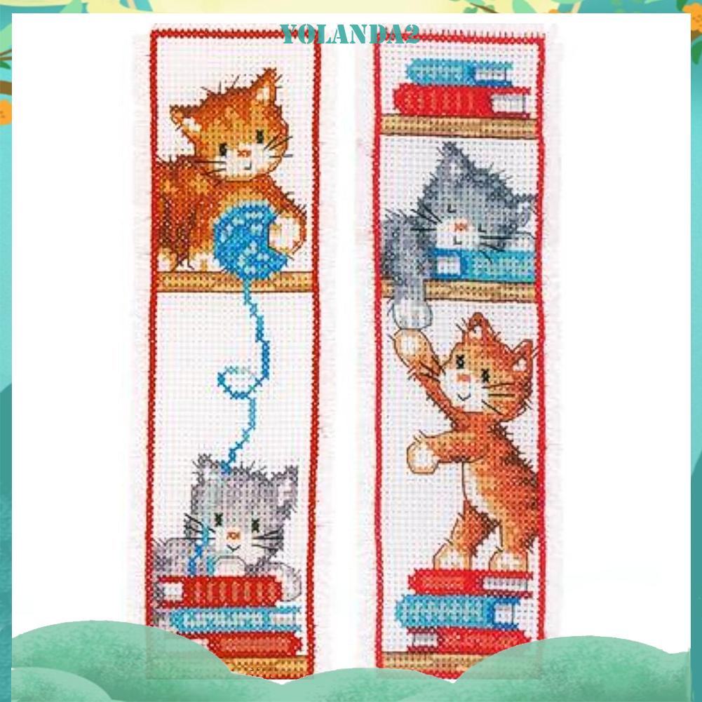 (canvas no printing)  Bộ dụng cụ đánh dấu sách vải cotton 14CT thêu hình mèo dễ thương