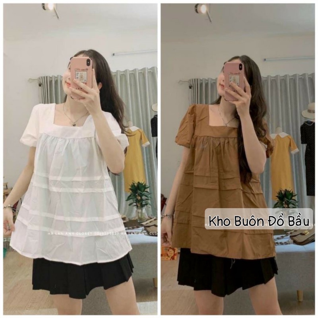 Áo bầu công sở chất đũi kiểu dáng babydoll cổ vuông siêu xinh mềm mát A18