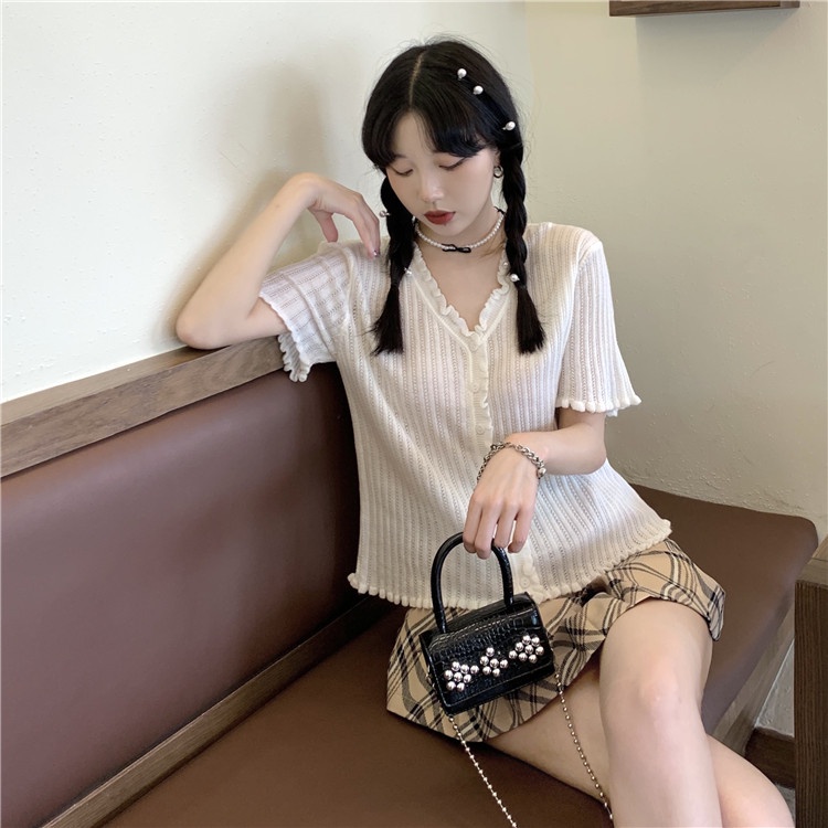 【ZHELIHANGFEI】 Áo Thun Cardigan Dệt Kim Lụa Lạnh Mỏng Tay Ngắn Cổ Chữ v Thời Trang Mùa Hè 2022 Phong Cách Mới Ngọt Ngào Cho Nữ