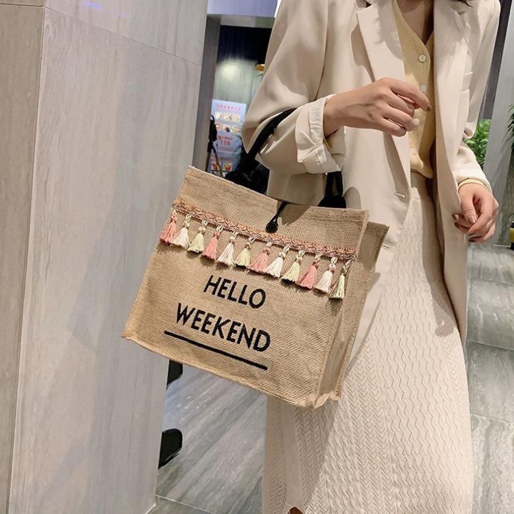 Túi cói du lịch hello weekend Phong cách Hàn Quốc TBB19