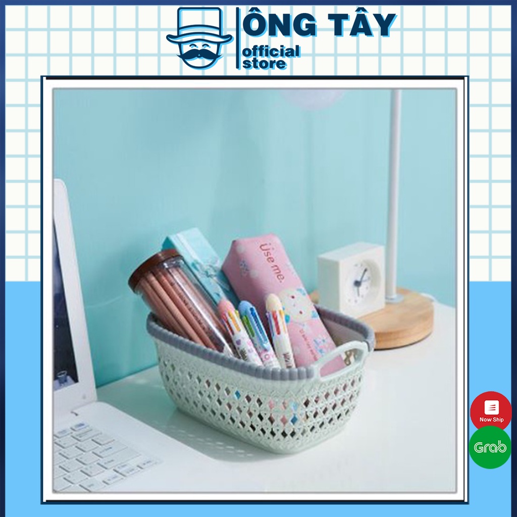 Rổ nhựa giả đan mây - Rổ nhựa chữ nhật đựng đồ có quai cầm màu pastel xinh xắn
