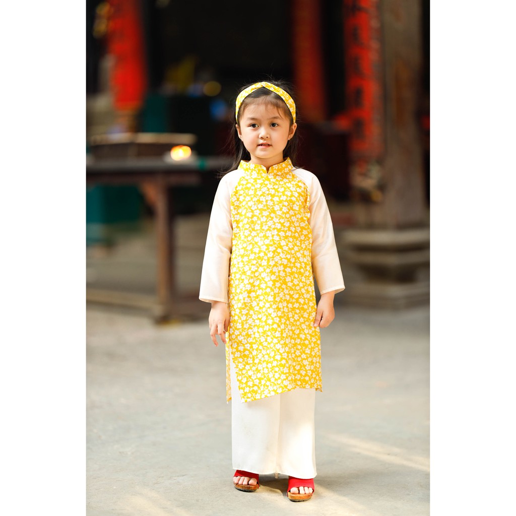 Set Áo Dài Bé Gái BYZU Mẫu Cách Tân Hoa Mai Nhí Phối Tay