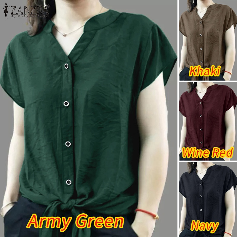 Áo sơ mi Zanzea tay ngắn cổ chữ V màu trơn thời trang cho nữ