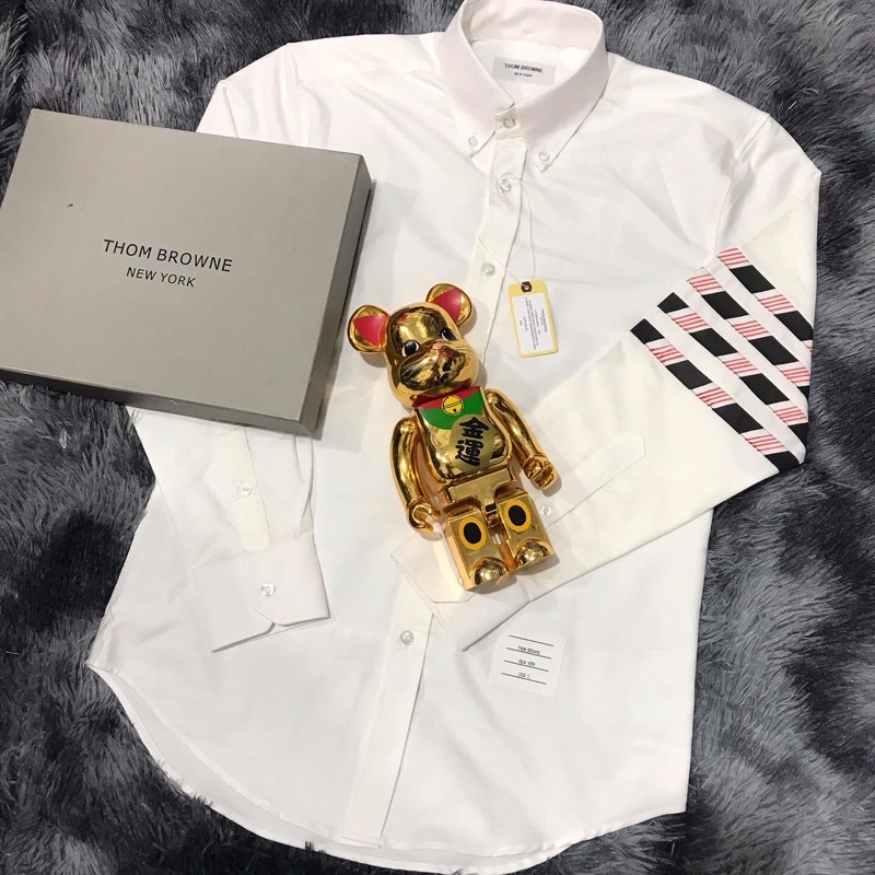 Áo sơ mi thom browne cao cấp, trắng, vải oxford dày, 4 sọc đỏ đen
