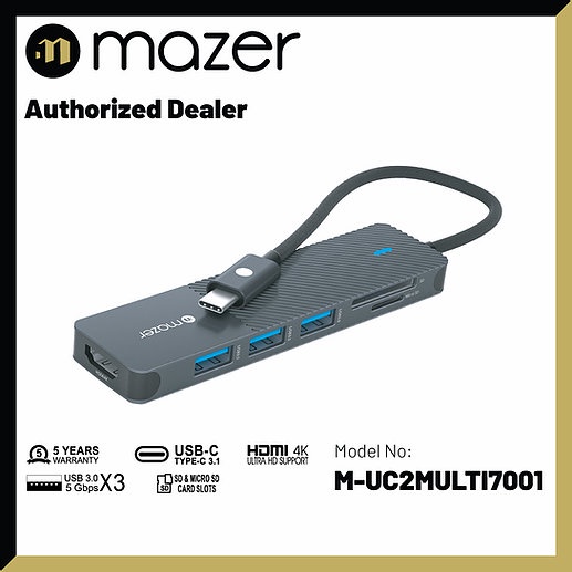 Hub Chia Cổng Mazer Infinite HUB 6 In 1 USB-C Ra HDMI 4K / USB 3.0 x 3 / SD / MicroSD - M-UC2MULTI7001-BK