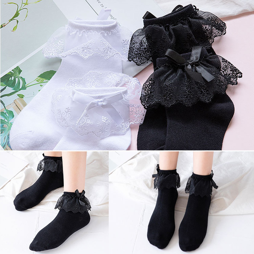 Vớ cổ ngắn bằng cotton phối ren nhún bèo thoáng mát dành cho nữ/ bé gái
