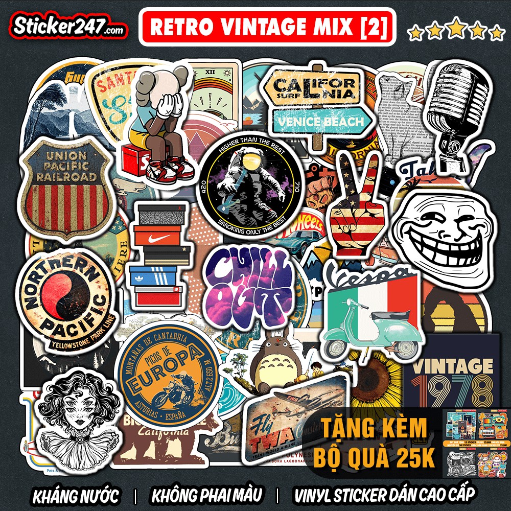 Sticker Retro Vintage Mix chủ đề 🌈𝑭𝒓𝒆𝒆𝒔𝒉𝒊𝒑 Vinyl Sticker Cao Cấp Chống Nước Cắt Sẵn- Hình Dán Mũ Bảo Hiểm, Xe Máy R27