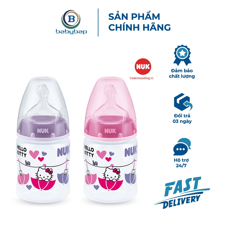 Bình Sữa NUK Premium Choice+ Nhựa PP 150ml/300ml (Hello Kitty) Núm Ti Có 1 Lỗ Tiết Sữa