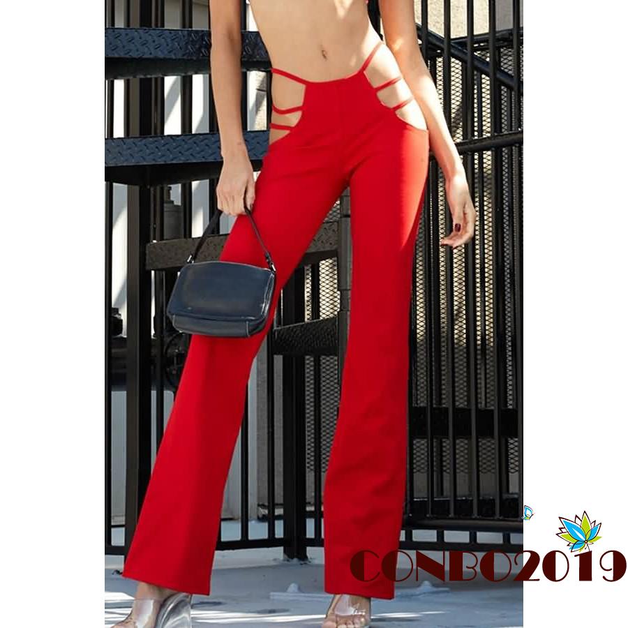 HGM-Women Cut Out Flare Pants, Classic Mid Waist Solid Color Stretch Bell Bottom Pants