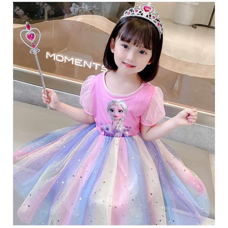 Váy xinh bé gái 1-8 tuổi đầm công chúa thời trang ngắn tay cầu vồng vải tuyn Frozen Elsa mùa hè cho bé trẻ em