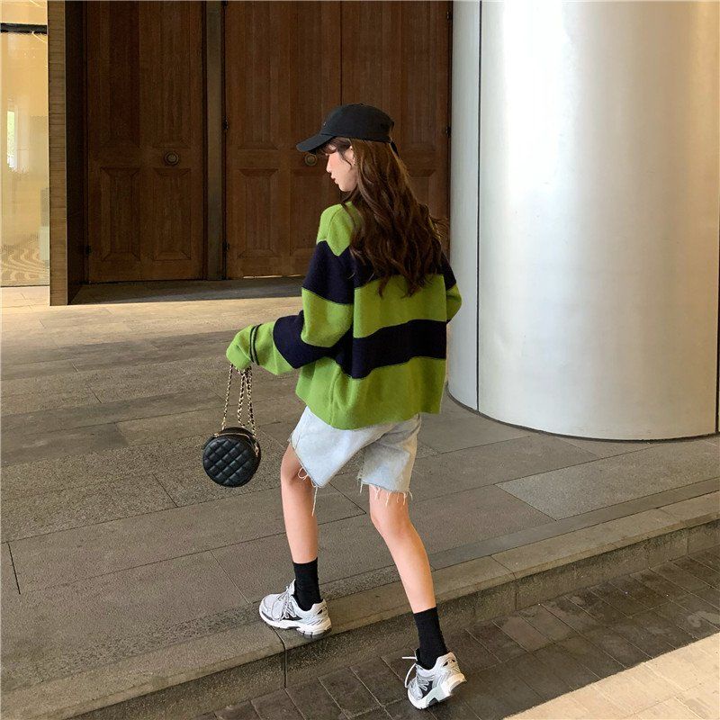 Áo cardigan dệt kim IELGY tay dài phối sọc caro kết hợp nhiều màu kiểu Pháp retro cho nữ
