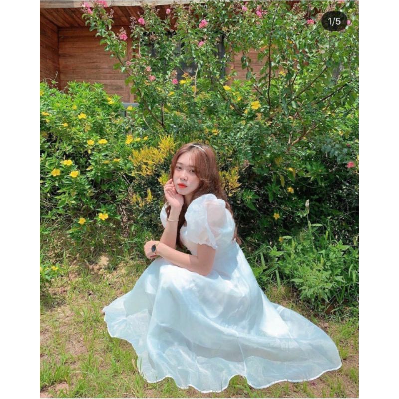 Đầm xòe tay phồng phối nút ngực chất tơ xinh cực Bori dress