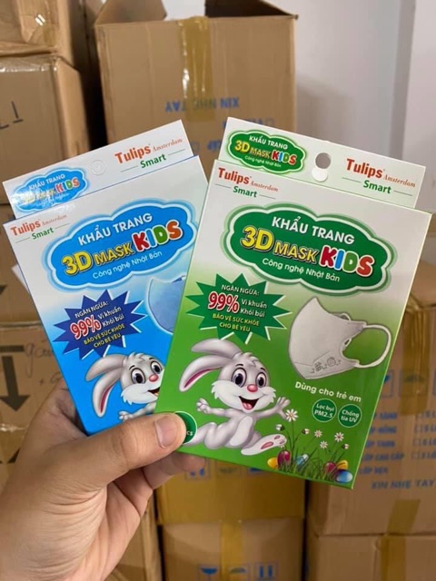 Khẩu trang em bé Tulip hộp 10 cái , xanh trắng Hồng .