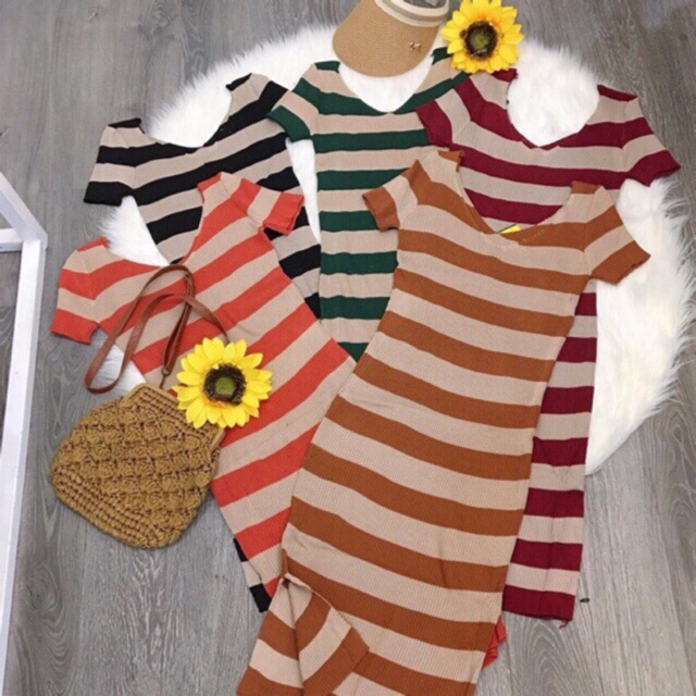 G03. 275. ĐẦM LEN SỌC CỔ 2 TIM TAY NGẮN | BigBuy360 - bigbuy360.vn