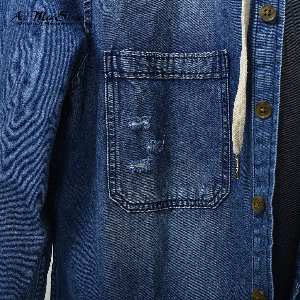 Áo sơ mi nam rách chất denim wash tay cân thận có mũ hàng độc quyền routine