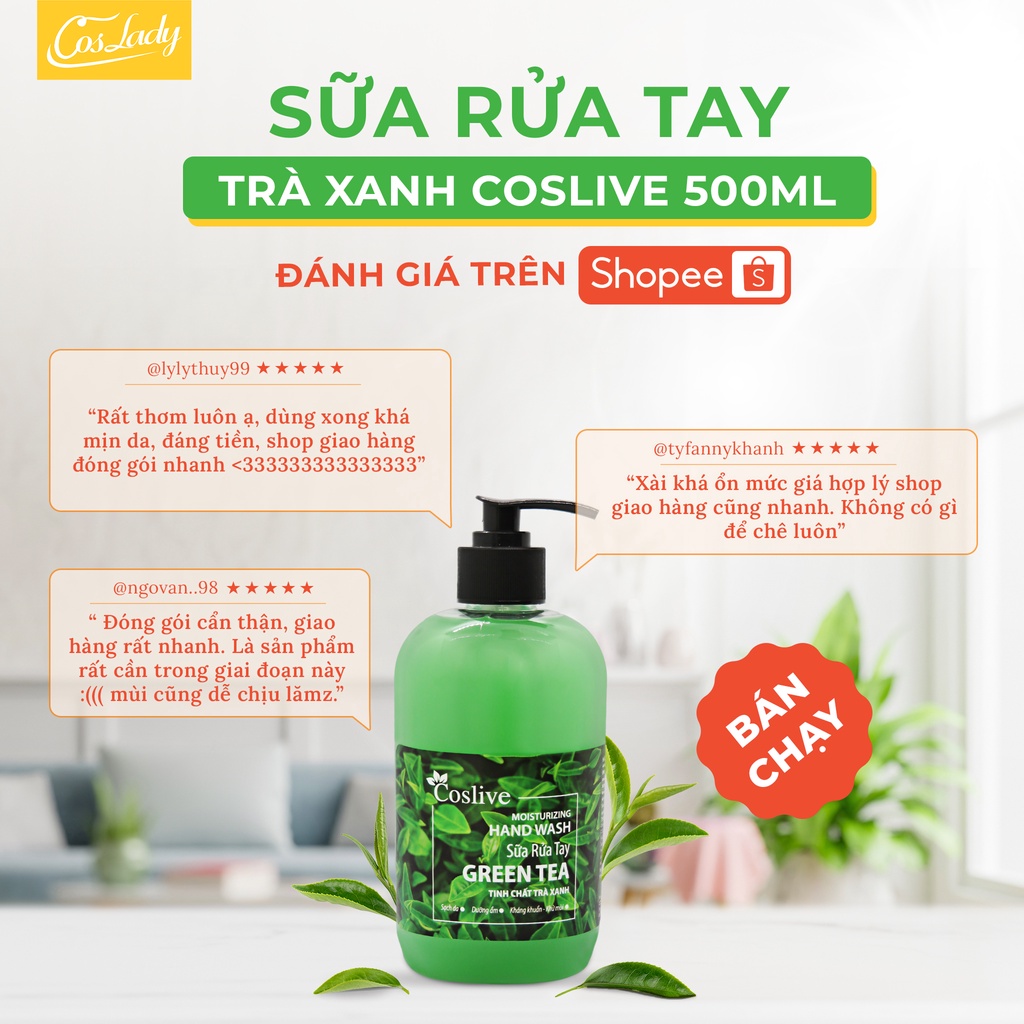 Sữa Rửa Tay Khử Mùi Kháng Khuẩn Tinh Chất Trà Xanh Kết Hợp Ion Bạc Giữ Ẩm Sạch Sâu Da Tay COSLIVE 500ml