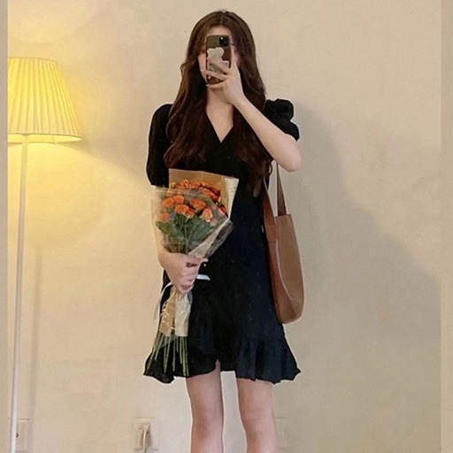 Đầm Ngắn Tay Phồng Ôm Eo Màu Đen Thời Trang Mùa Hè Dành Cho Nữ