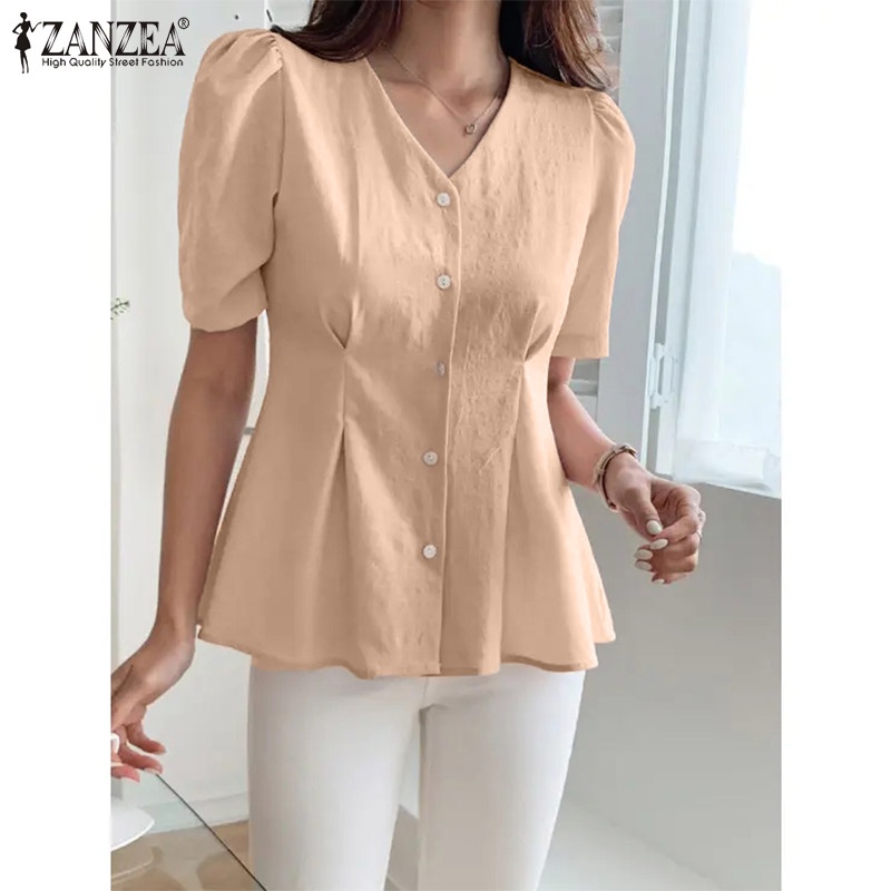 Áo sơ mi ZANZEA tay phồng cổ chữ V phong cách Hàn Quốc thanh lịch dành cho nữ