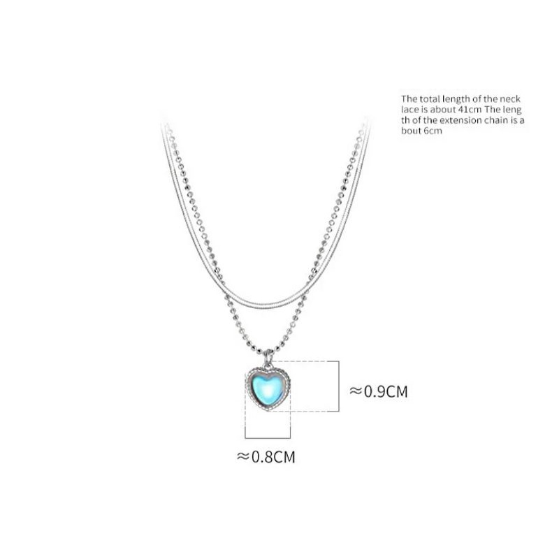 Dây Chuyền Bạc Nữ Trái Tim Đá Xanh Dây Bi Bạc Ý 925 Cao Cấp, Dây Chuyền Tim Đá Moonstone Nhân Tạo 2 Dây Kép