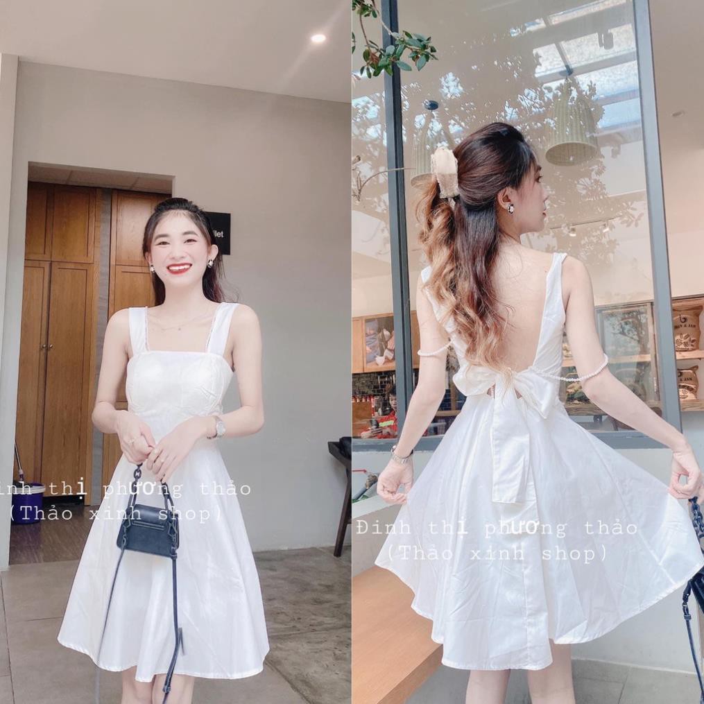 Đầm hở lưng nữ trắng dạo phố dự tiệc cưới cột nơ lưng siêu dễ thương  ྇