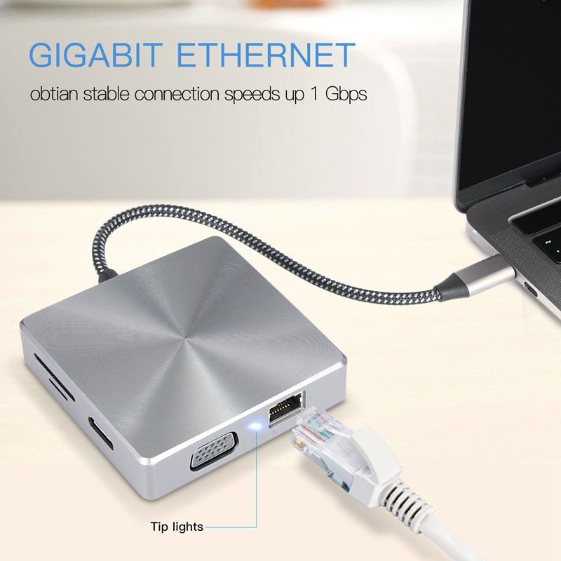 Thiết Bị Đọc Thẻ Nhớ Usb C 4k Hd Mi Vga Rj45 Ethernet 3x Usb3.0 Port 100w Pd Sd Tf