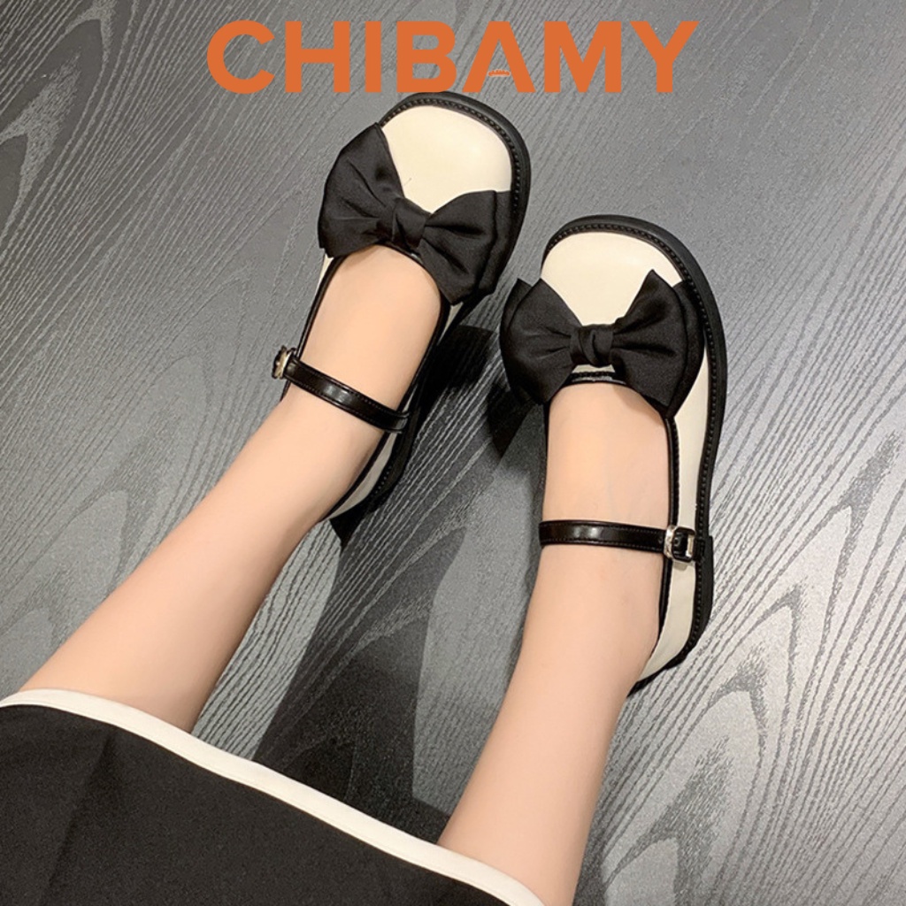 Giày búp bê nữ đính NƠ vải đế bằng 3cm, chất da mềm phong cách cổ điển