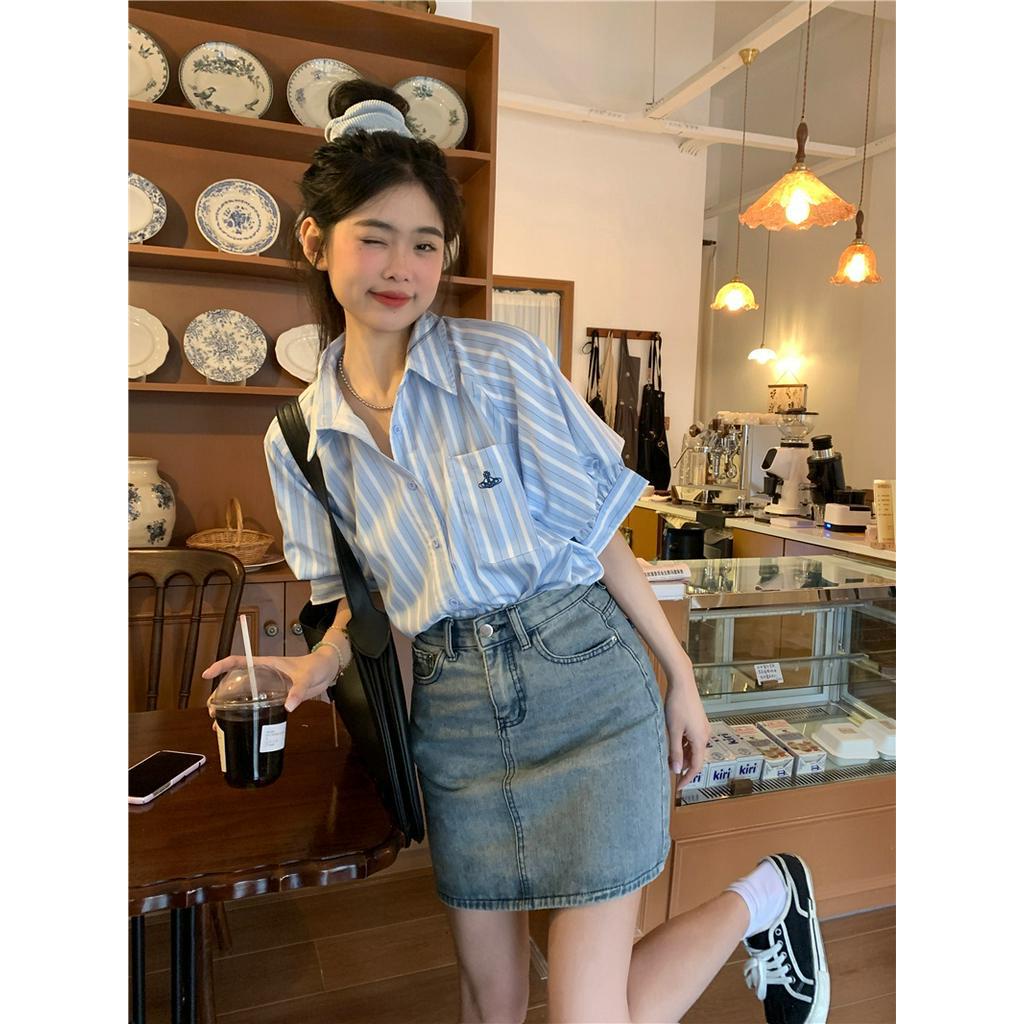 Áo Sơ Mi Kẻ Sọc Dáng Rộng Ngắn Tay Thời Trang Cao Cấp 64236