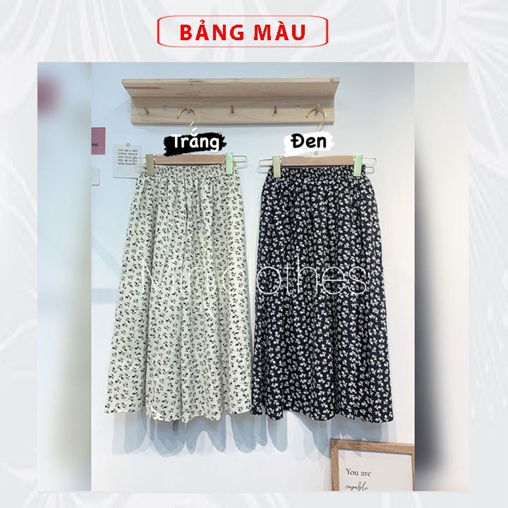 Chân váy hoa nhí vintage dáng dài chữ a kiểu xếp ly cạp chun Hàn Quốc mặc đi chơi làm công sở màu trắng đen thời trang