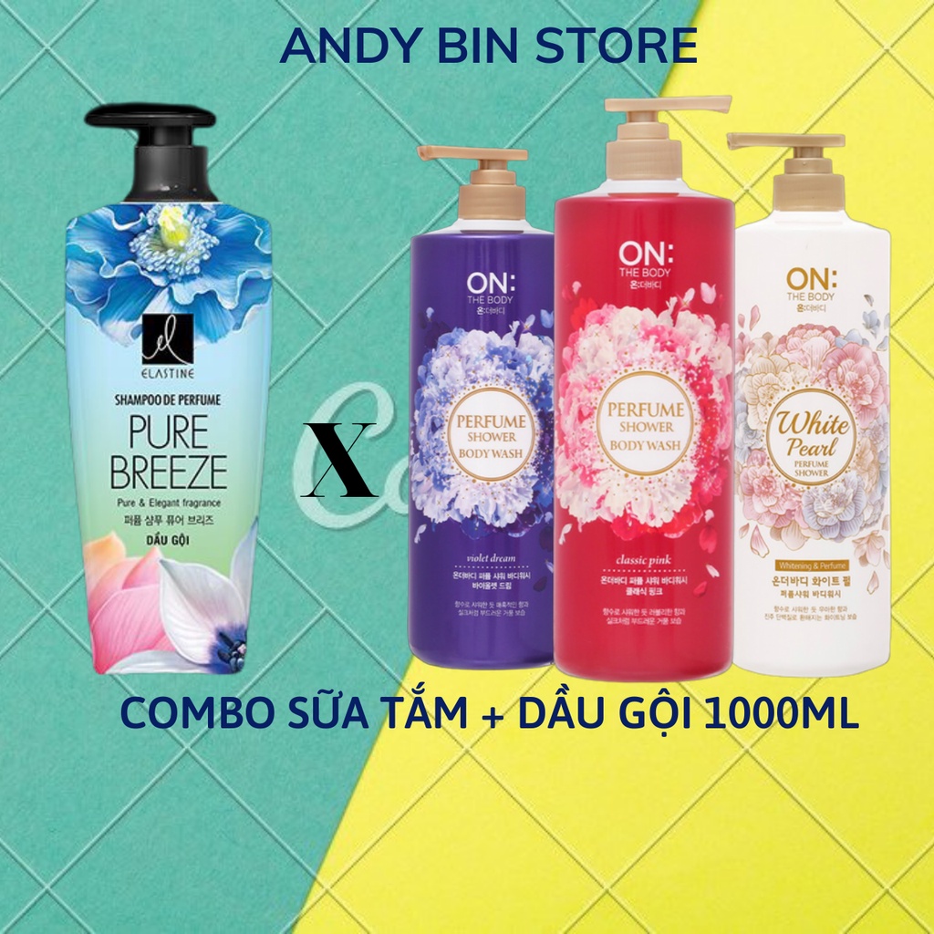 1000 ML- COMBO SỮA TẮM HƯƠNG NƯỚC HOA HÀN QUỐC ON: THE BODY 3 MÙI HƯƠNG VÀ DẦU GỘI ELASTINE HƯƠNG NƯỚC HOA PURE