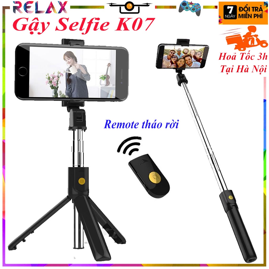 Gậy chụp ảnh tự sướng K07 gấp gọn - kéo dài tới 1.2 mét, Gậy selfie giá rẻ có remote chụp ảnh từ xa