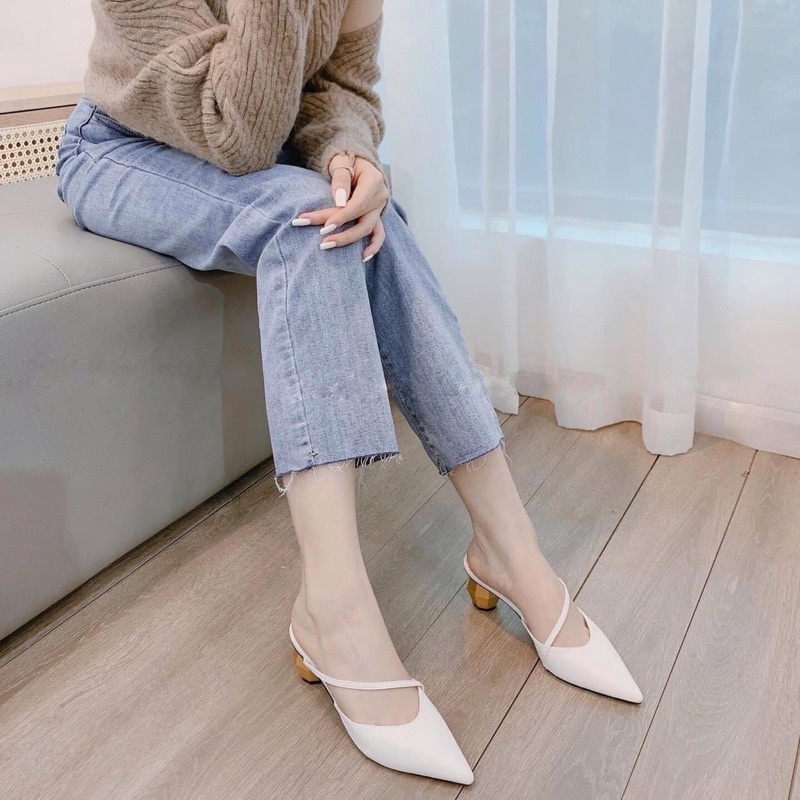 Guốc cao gót mũi nhọn dây chéo gót bọc vàng loại 1