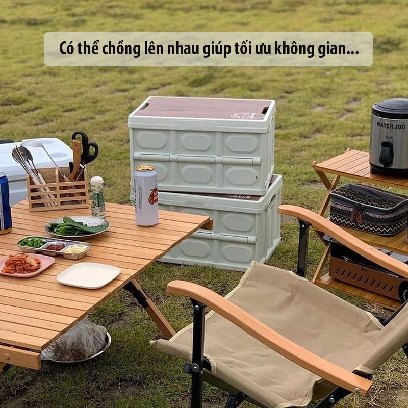 THÙNG ĐỰNG ĐỒ GẤP GỌN ĐA NĂNG NẮP GỖ TIỆN LỢI ĐI DÃ NGOẠI, CẮM TRẠI, PICNIC