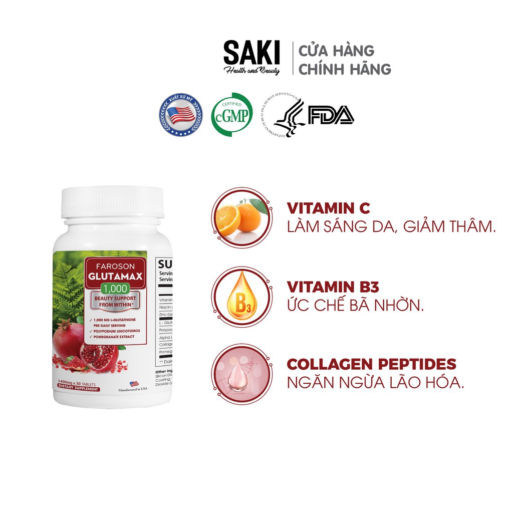 Viên uống giảm nám trắng da chống nắng Glutamax 1000 hộp 30 viên | Thế Giới Skin Care