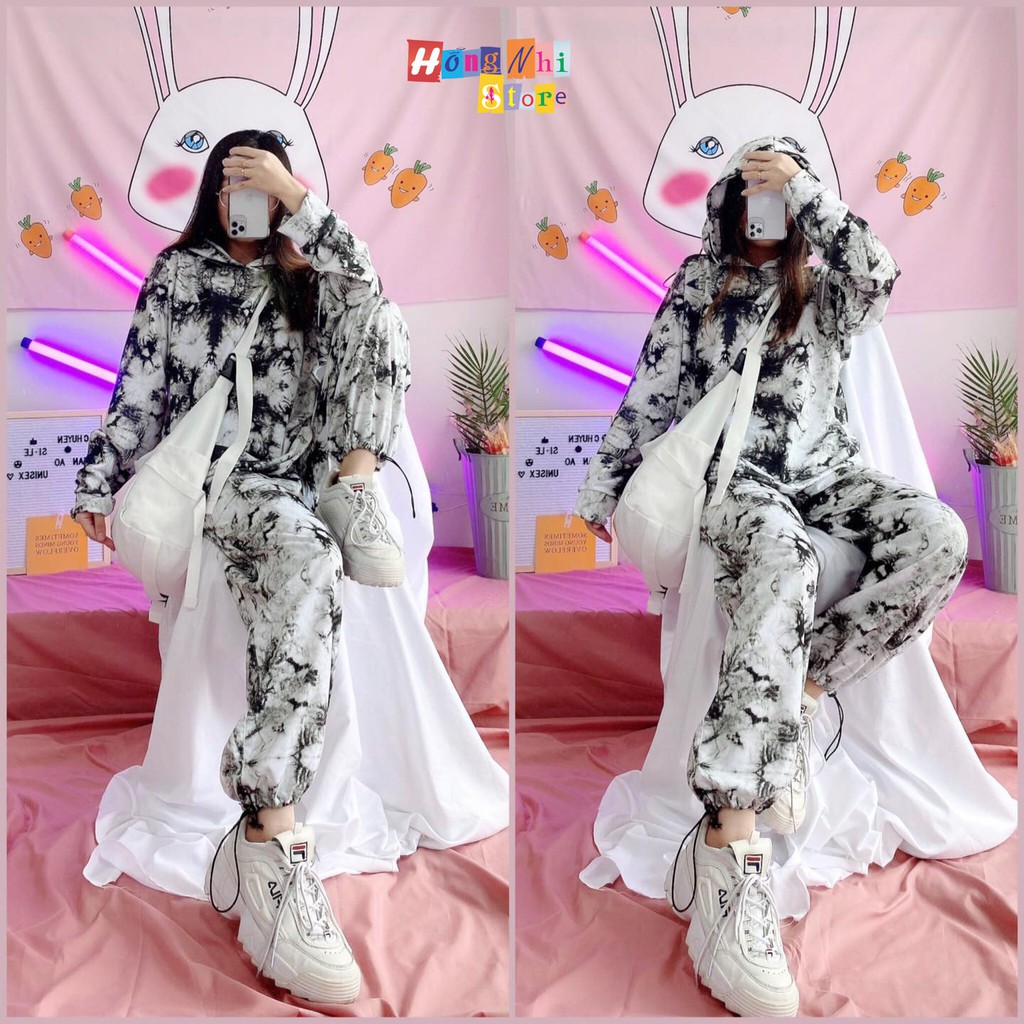 Set Bộ 3D Áo Khoác Hoodie Loang Màu Kèm Quần Jogger Thun Dài Dây Rút Cao Cấp