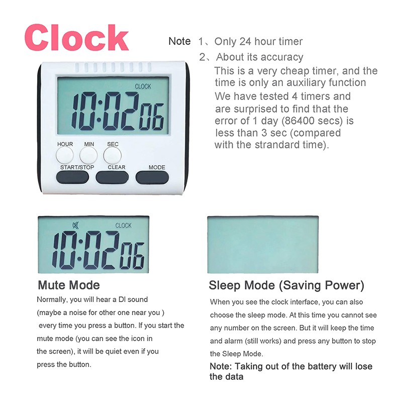 Digital Kitchen Timer 24 Hour Large LCD Screen Alarm Clock with Count Up and Count Down Function (Pack of 8)