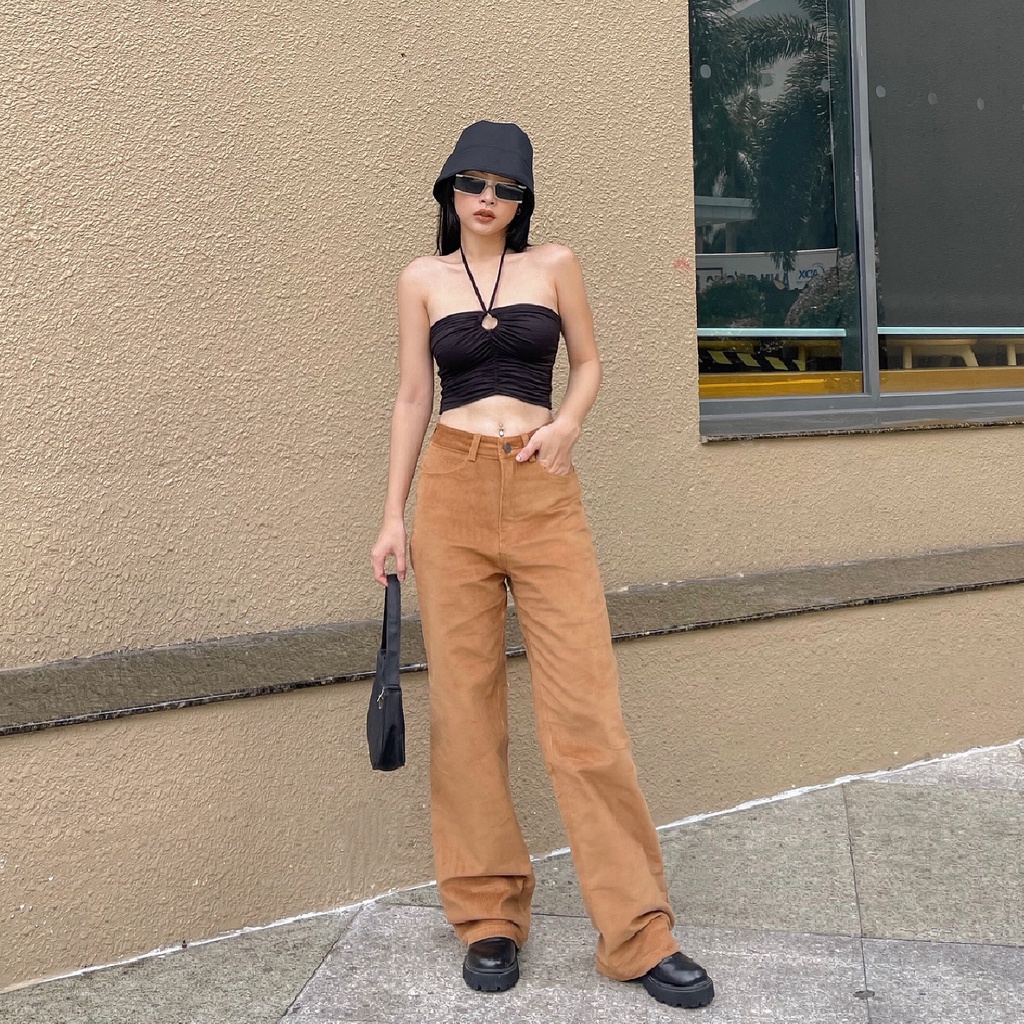 Quần kaki nhung ống rộng TOPTIFY trơn kiểu dáng basic Andria Pants QV01